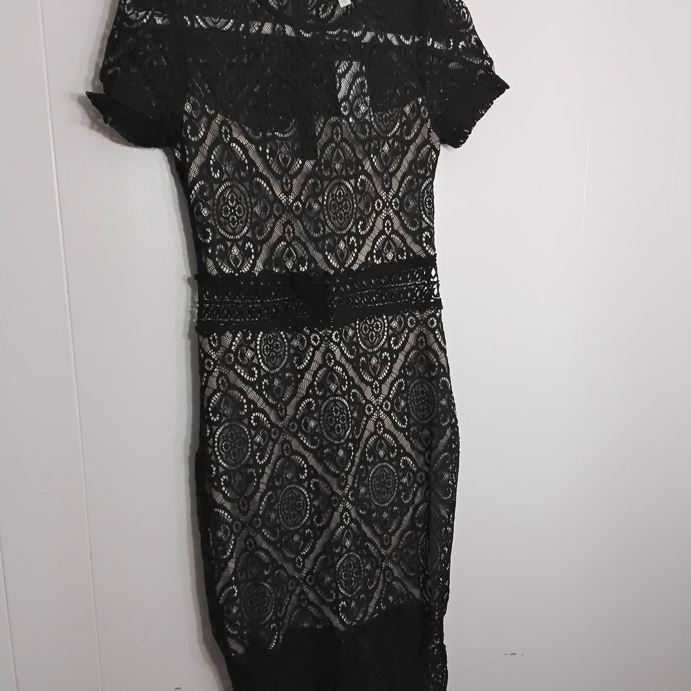 Socialite Black Lace Mini Dress with Nude Underlay